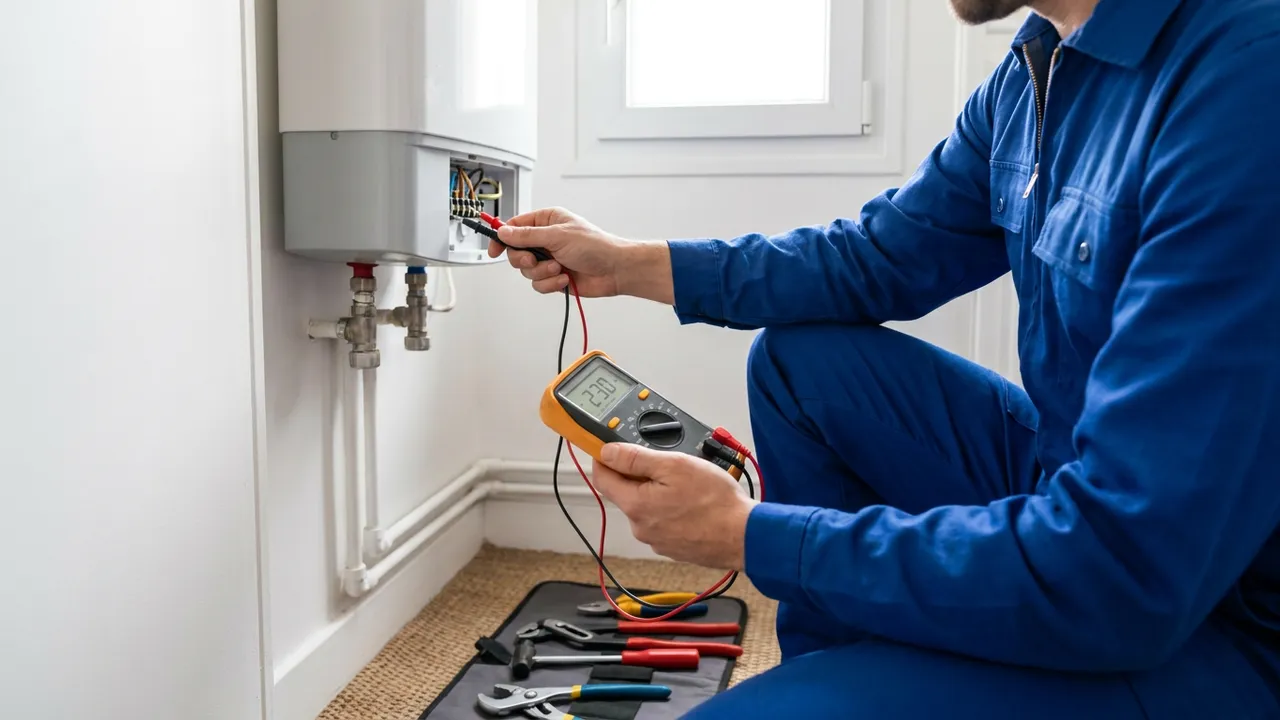 Plombier réparant un cumulus électrique dans un pavillon de Thiais