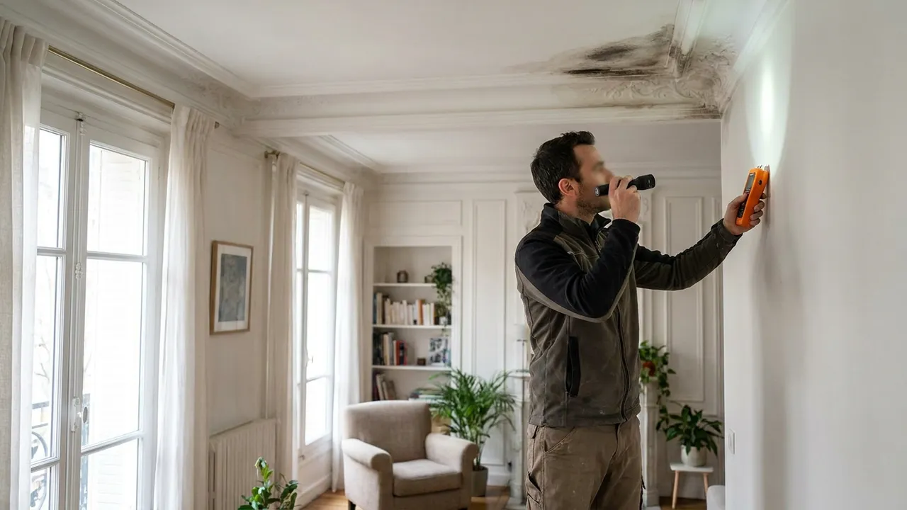 Plafond marqué par un dégât des eaux en cours d'expertise dans un appartement de Thiais