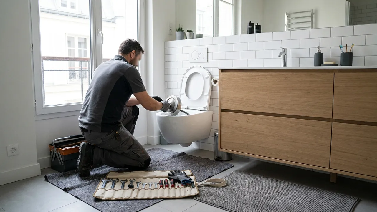 Débouchage d'un WC à la ventouse dans une salle d'eau à Thiais